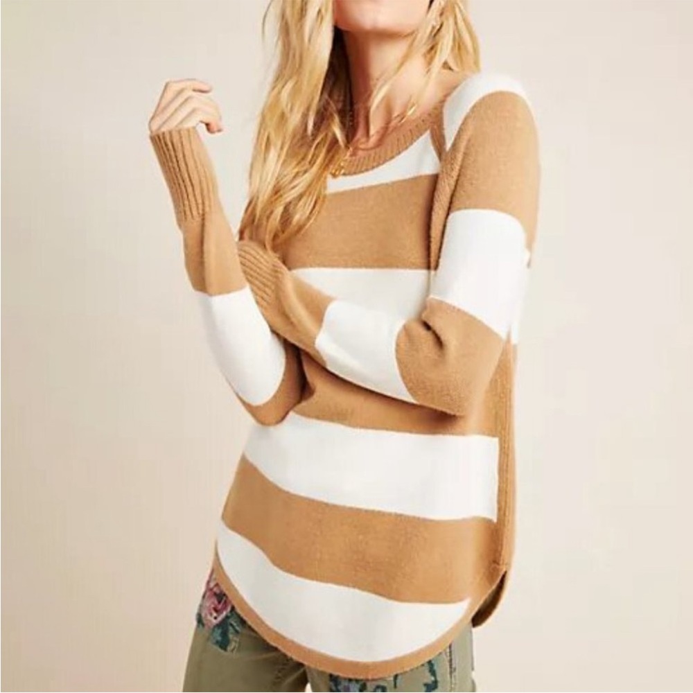 Anthropologie Rebekah Tan & White Striped Sweater Tunic Coastal Preppy Size M